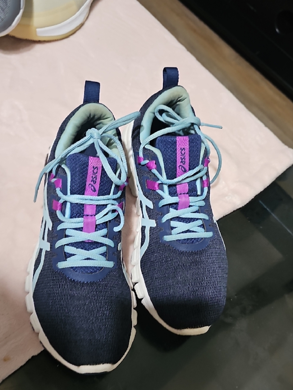 Asics Navy Shoes with Light Blue and Pink Accents - Picture 2 of 2